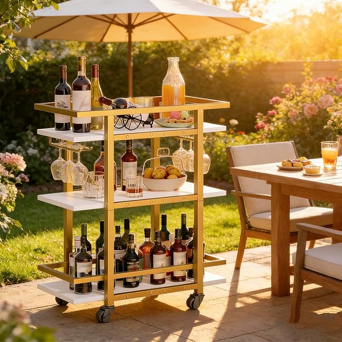 YATINEY 3 Tier Bar Cart, Home Bar Serving Cart with Wheels, Drink Cart with Glass Holder, Beverage Cart, Mobile Kitchen Cart, for Home, Garden, Party, Gold BC19DW
