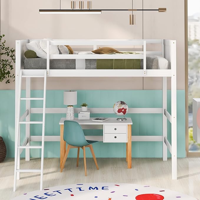 Merax Twin Modern Kids Loft Bed with Ladders Wood Loft Bunk Bed for Juniors/Easy Assemble/Space Saving White
