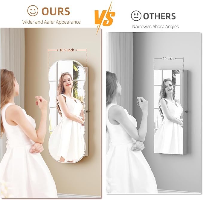 LVSOMT LED Mirror Jewelry Cabinet Wall Mounted, Over the Door Jewelry Organizer with Wave Mirror, Lockable Full Length Mirror with Storage, Jewelry Armoire for Necklaces Earrings, Gift for Women,White