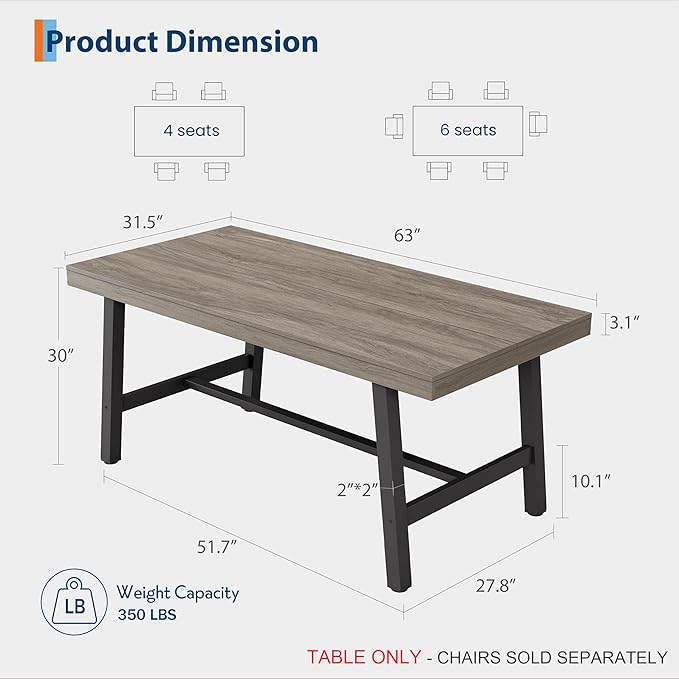 GarveeHome Industrial Dining Table for 4-6 People, 63" Long Kitchen Table with Sturdy Metal Frame, Rectangular Counter for Dinner, Kitchen, Dining Room (Grey Walnut, 63" Non-extendable)