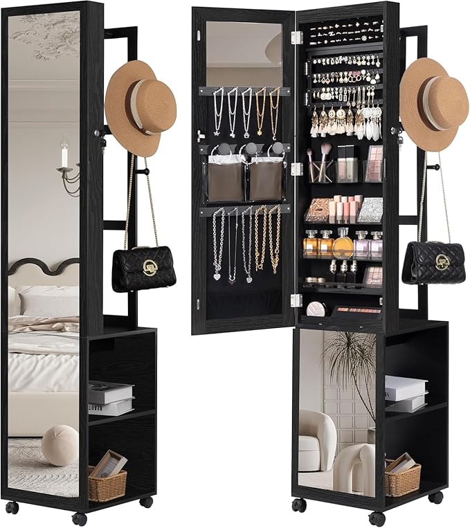 Hzuaneri 8 LEDs Jewelry Cabinet Armoire, 66.9-inch Jewelry Organizer with Garment Rack, Lockable Full-length Mirror with 4 Wheels, Storage Shelves with Hooks, 5-in-1, Black JC17004B