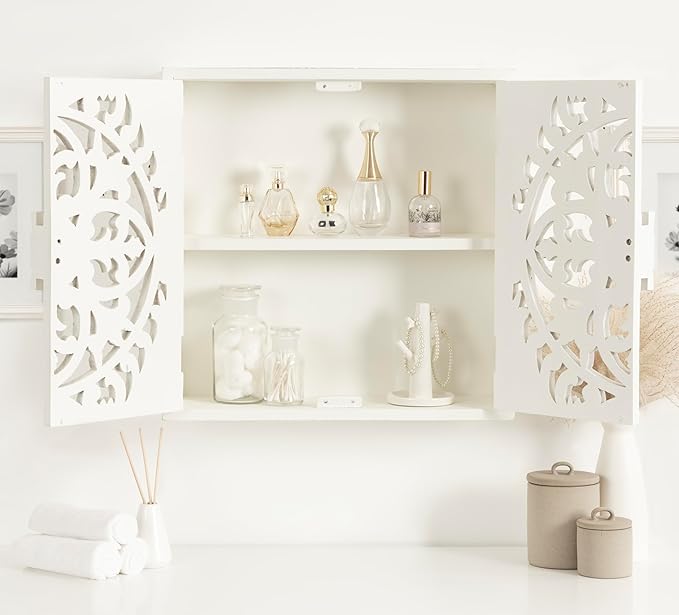 Kate and Laurel Saanvi Traditional Carved Wood Wall Cabinet; 20 x 6 x 20; White; Dimensional Over The Toilet Storage Cabinet for Bathroom Storage and Display