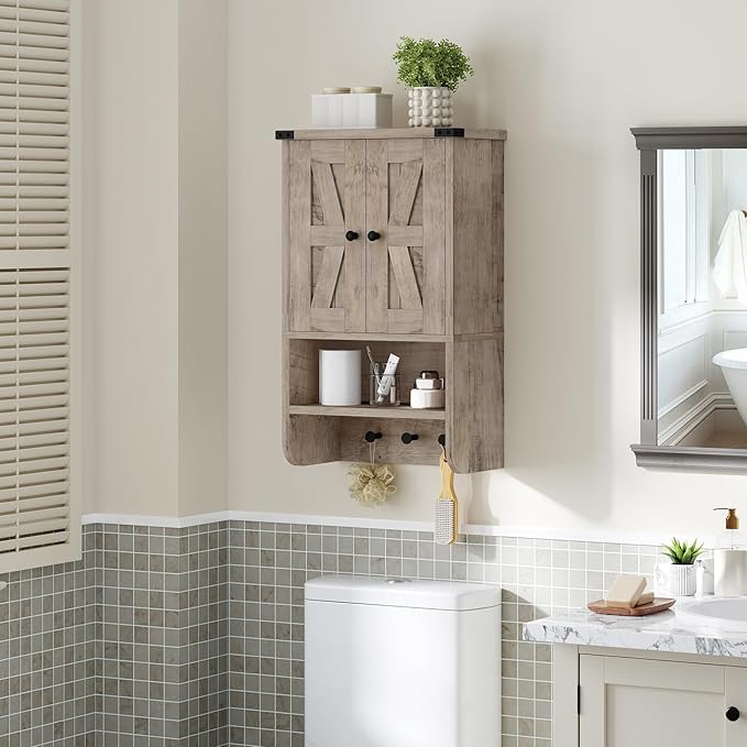 MAHANCRIS Bathroom Wall Cabinet, Farmhouse Medicine Cabinet with Adjustable Shelf, 3-Tier Wall-Mounted Storage Cabinet with 3 Hooks and Open Shelf, for Bathroom, Living Room, Kitchen, Greige
