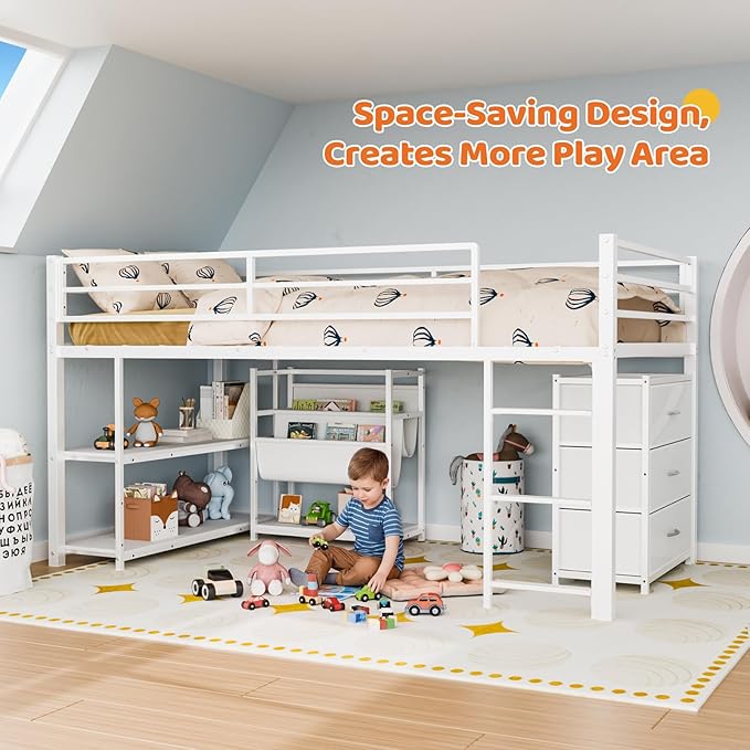 JOYMOR Low Loft Bed Twin Size with 3 Storage Drawers, 2 Tier Storage Shelves, 2 Tier Bookcase and LED Lights, Metal Kids Loft Bed with Safety Guardrail, Spave Saving Design (White)