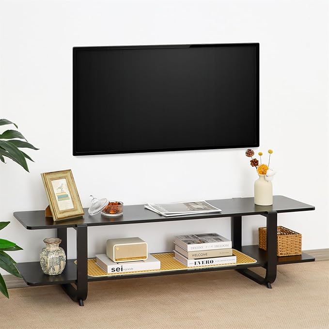 Bamboo TV Stand for TVs up to 65", Accent Entertainment Center with Storage, Media Console Table with Shelf, Modern TV Stand for Living Room, Bedroom, 54.3"(L), Black