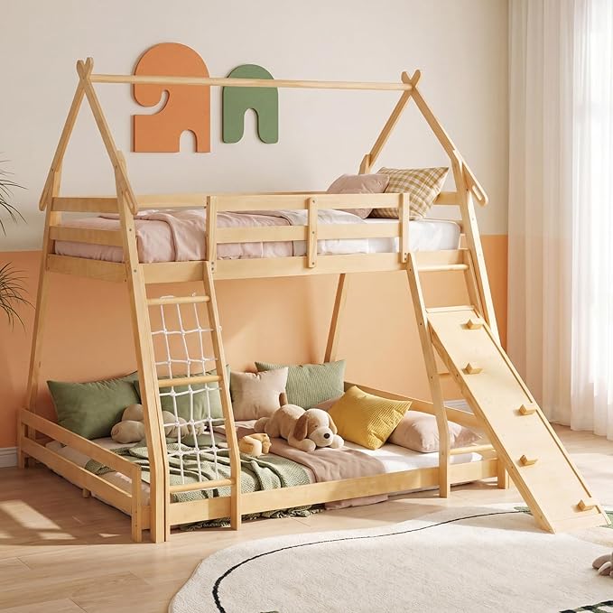 DUMOS Bunk Bed Twin Over Full Size, Wooden House Bunk Bed with Climbing Nets & Ramp, 82'' High Kids Bed Frame for Boys Girls Bedroom, Dorm, No Box Spring Needed
