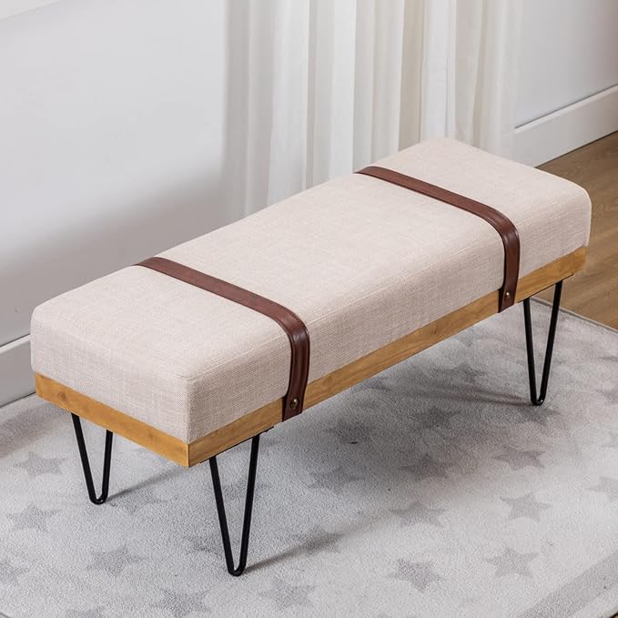 HEAH-YO Industrial Entryway Bench Set of 1, 44 Inches End of Bench with Padded Seat Cushion, Uphlstered Linen Fabric Dining Bench for Kitchen Living Room, Beige