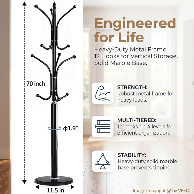 12 Hooks Metal Coat Rack Freestanding Coat Tree with Marble Base, Heavy Duty Coat Rack Stand for Clothes Hats Bags, Coat Hanger Stand for Corner Entryway Bedroom Office (Black)