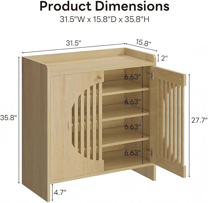LIKIMIO Shoe Cabinet with Adjustable Shelves, 4-Tier Shoe Storage Cabinet with Slatted Doors, Freestanding Wooden Shoe Cabinet Storage for Entryway, Hallway, Living Room, Oak Natural