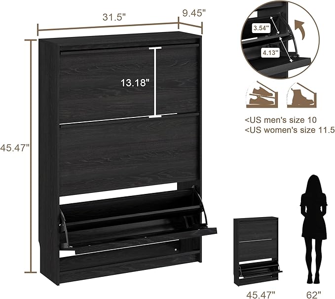 Shoe Cabinet with 3 Flip Drawers, 31.5" W Narrow Shoe Storage Cabinet for Entryway, Slim Shoe Organizer with Adjustable Shelves, Freestanding Shoe Rack for Hallway, Living Room, Black