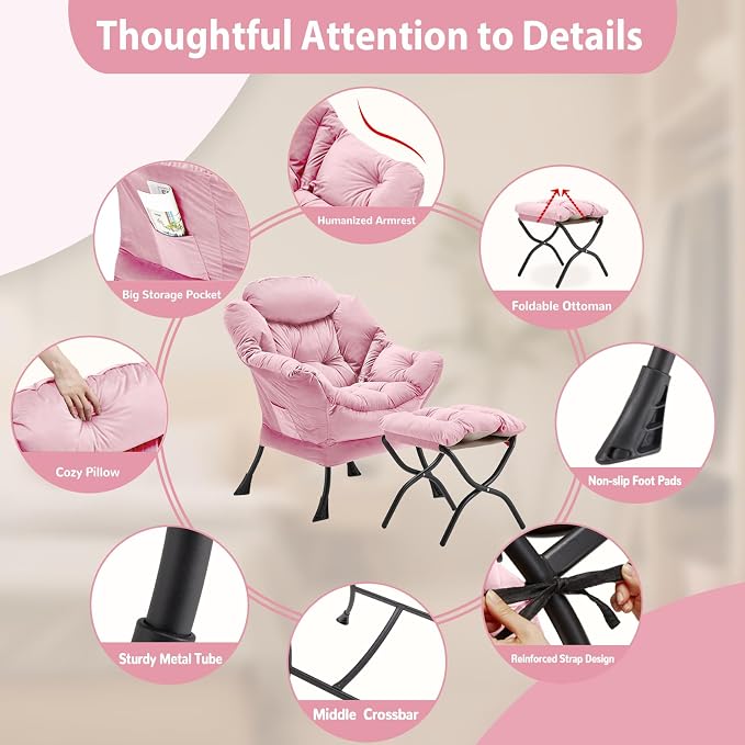 Youtanic Lazy Chair with Folding Ottoman, Accent Chair Velvet Upholstered with Metal Structure and Non-Slip Pads, Sofa Armchair with Footrest and Side Storage Bag for Dorm, Room, Office, Pink