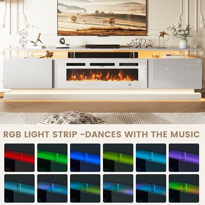 70 Inch Fireplace TV Stand, Modern Entertainment Center for TVs Up to 80”, TV Console with Storage Cabinets, Media Console for Living Room, White TV Stand and White Fireplace