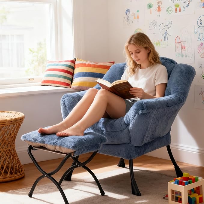 Welnow Lazy Chair with Ottoman, Modern Accent Chair with Armrests and a Side Pocket, Leisure Sofa Armchair Set, Reading Armchair with Footrest for Small Space, Plush Light Blue