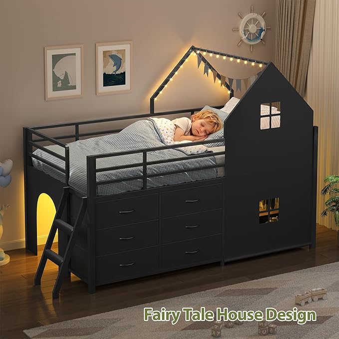 UPOSOJA Twin - Low Loft Bed with Kids Clothing Rack, Kids Loft Bed, Loft Bed with Tent, Toy Storage Box, Safety Guardrail, LED Light, Under-Hide and Seek Bed Play Space (Black)
