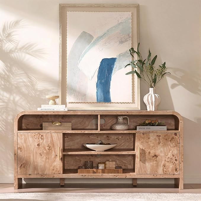 TV Stand for TVs Up to 65'' - [Unique Curved Profile, FSC-Certified Wooden Board] Entertainment Center with Adjustable Shelves and Storage Cabinet Modern Media Console for Living Room