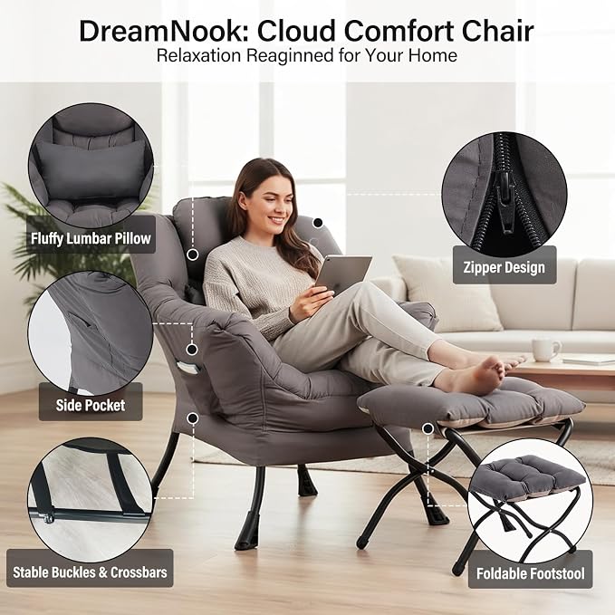 Lazy Chair with Ottoman, Modern Accent Chair with Lumbar Pillow, Dark Grey Sofa, Armchairs with Folding Footrest, Oversized Supportive Chairs for Bedroom, Reading