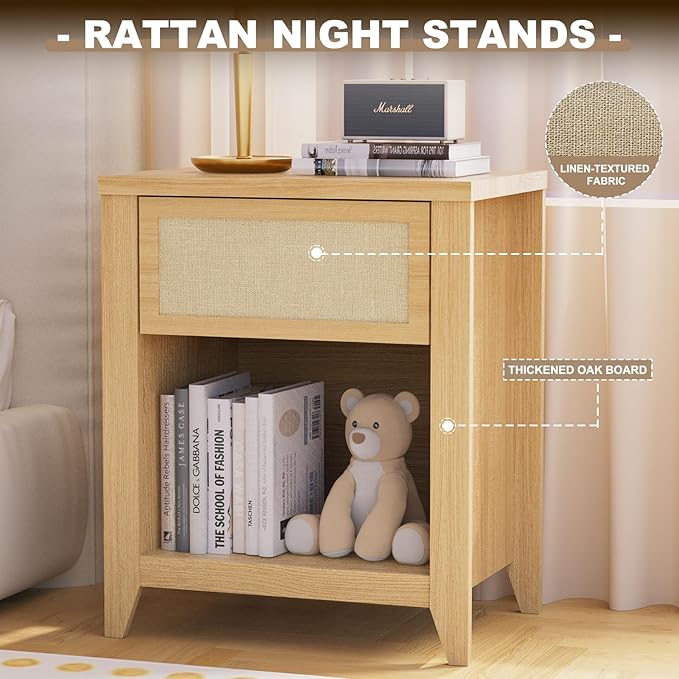 Boho Nightstands Set of 2, Farmhouse Night Stand Bedside Table with Drawer and Storage Shelf Rattan End Tables Side Tables for Bedroom Sofa Couch Office,Small Space, Oak