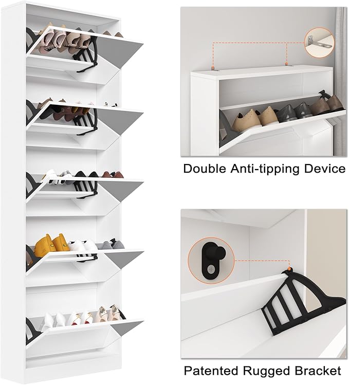 Mirror Shoe Cabinet, Hidden Shoe Storage Organizer with Flip Drawers Door, 5 Tier Free Standing Shoe Rack for Closet, Entrance
