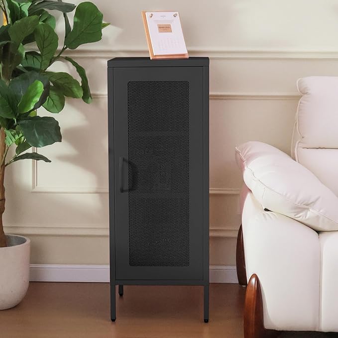 Slim Metal Storage Cabinet with Mesh Doors - 42'' Tall Narrow Organizer Tower, Compact Freestanding Cabinet, Versatile Utility Storage for Home, Office, Kitchen, Living Room, Durable and Modern Design