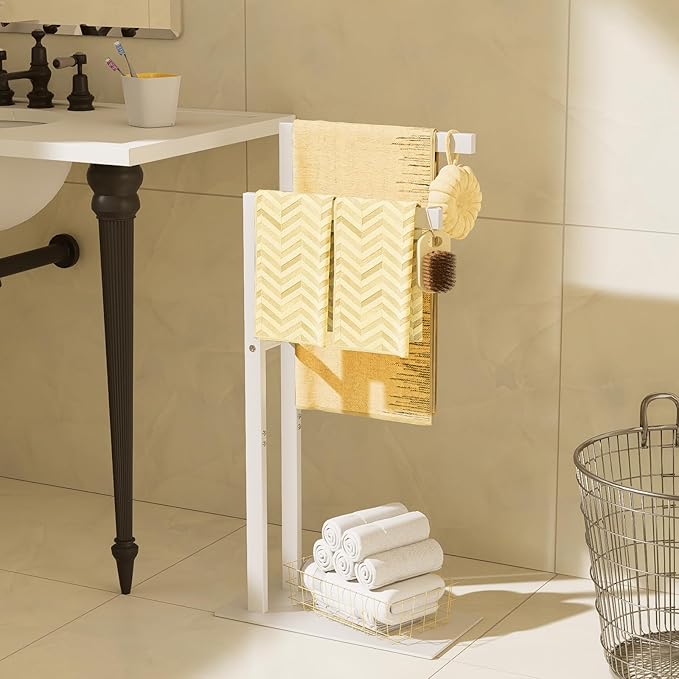 Yawinhe Free Standing Towel Rack, 2 Tier Blanket Holder with Marble Base, Metal Hand Towel Holder for Bathrooms, Drying and Display Rack with Shelf,15.7×7.87×31.49 inch,White, SMJ003W