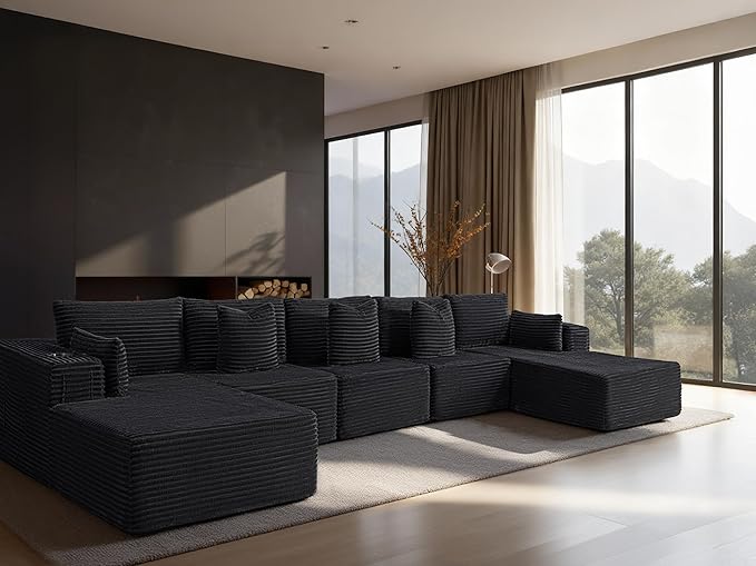 168" Cloud Sectional Couch, Comfort U Shaped Sofa for Living Room, Extra Deep Seats No Assembly, Minimalist Modular Couch, Corduroy (Black, 7 Seats,U-Shape C)