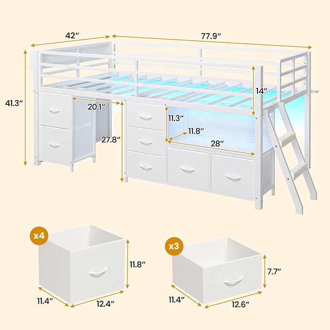 ADORNEVE Low Loft Bed Twin Size with 7 Storage Drawers, Bookcase and LED Lights, Metal Kids Loft Bed with 14" H Safety Guardrail,Inclined Ladder and Play Curtain, Under-Bed Play Space, White