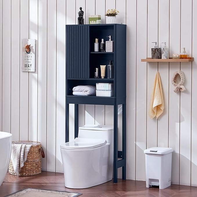 LEYAOYAO Fluted Over The Toilet Storage Cabinet, Farmhouse Over Toilet Bathroom Organizer with a Sliding Door, 68" Tall Blue Freestanding Washer Shelf with Adjustable Shelf & Curved Profile