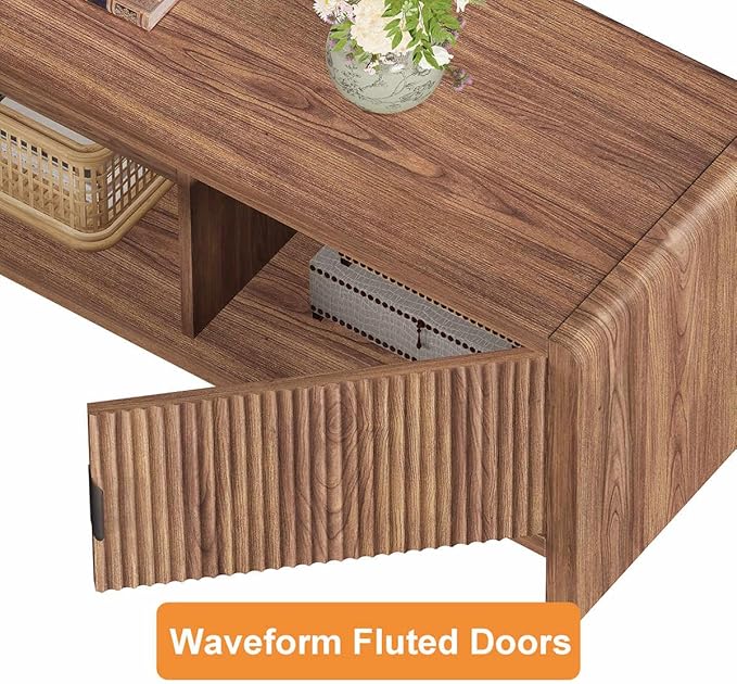 FATORRI TV Stand for 75/65/55 Inch TVs, Farmhouse Entertainment Center with Storage, Wood Waveform Fluted-Door Television Media Console for Living Room,Bedroom (63" W, Walnut)