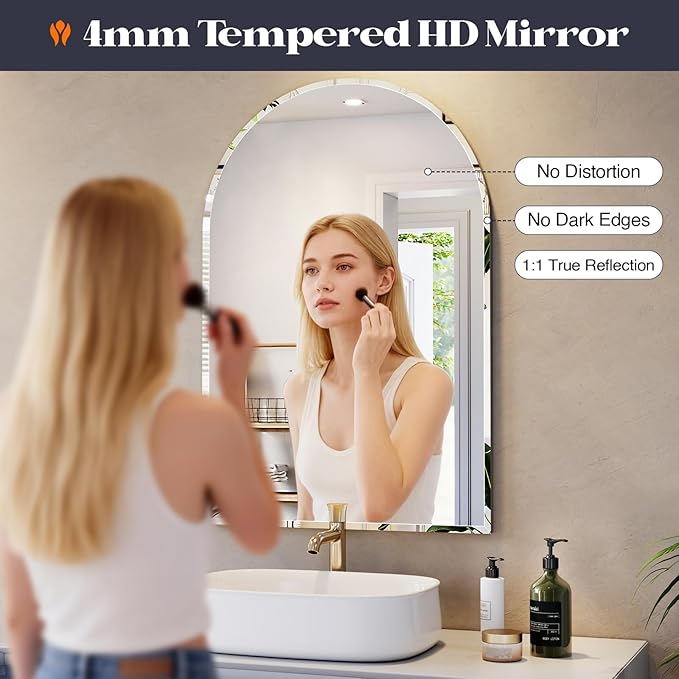 Frameless Bathroom Mirror, 36" x 40" Arched Vanity Mirror for wall Beveled, Arch Wall Mounted Mirror for Over Sink, Bedroom, Mantel