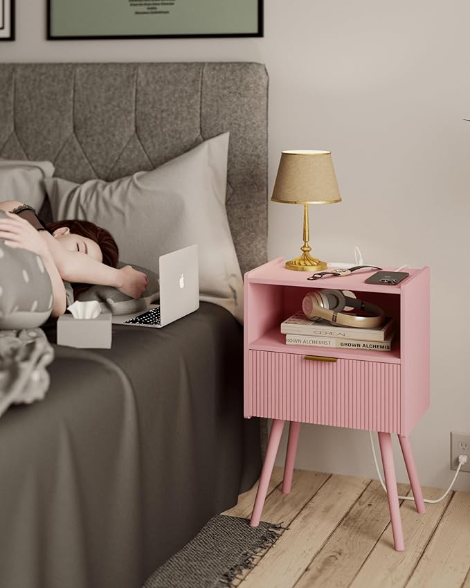 JOONEE Nightstand with Oultlet,Modern Bedside Table with Storage Drawer and Open Wood Shelf, for Living Room, Bedroom and Small Spaces, Accent Night Stand with Solid Wood Legs, Easy Assembly,Pink