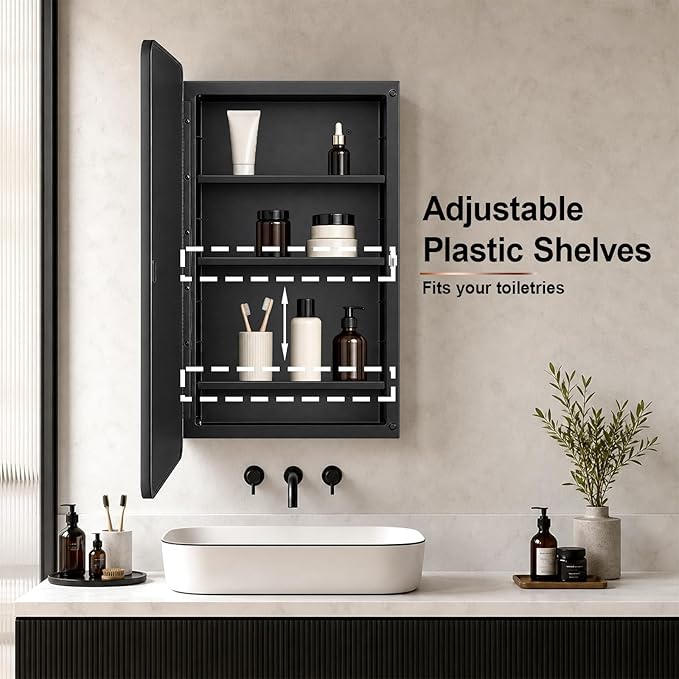 Fundin Black Plastic Medicine Cabinet, Mirror Door with Round Corner Metal Frame, Recessed and Surface Mount Bathroom Wall Medicine Cabinet, 16 x 28 inch Mirror Size