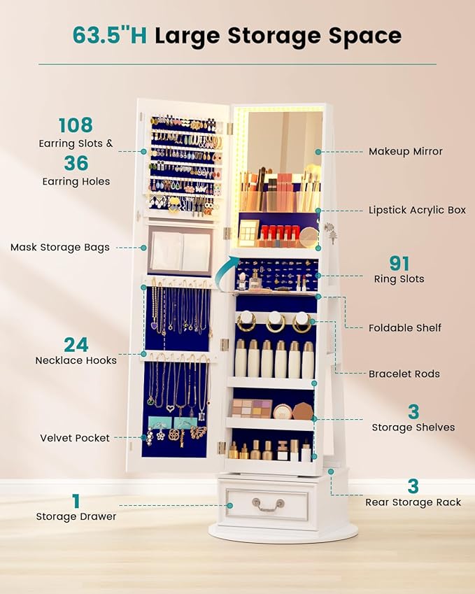Vlsrka Mirror Jewelry Cabinet Standing, 360° Swivel Jewelry Armoire with Full Length Mirror, Lockable Mirror with Jewelry Storage, 3-Color LED Lights, Foldable Makeup Shelf, White