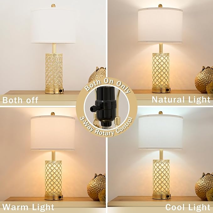 SAIWEYA Crystal Table Lamp Set of 2-24in Gold Bedroom Lamps 3-Way Dimmable Touch Lamp with Night Light, 2 USB Ports + AC Outlet Bedside Night Stand Lamp for Living Room (Gold-2 Pack 24In)