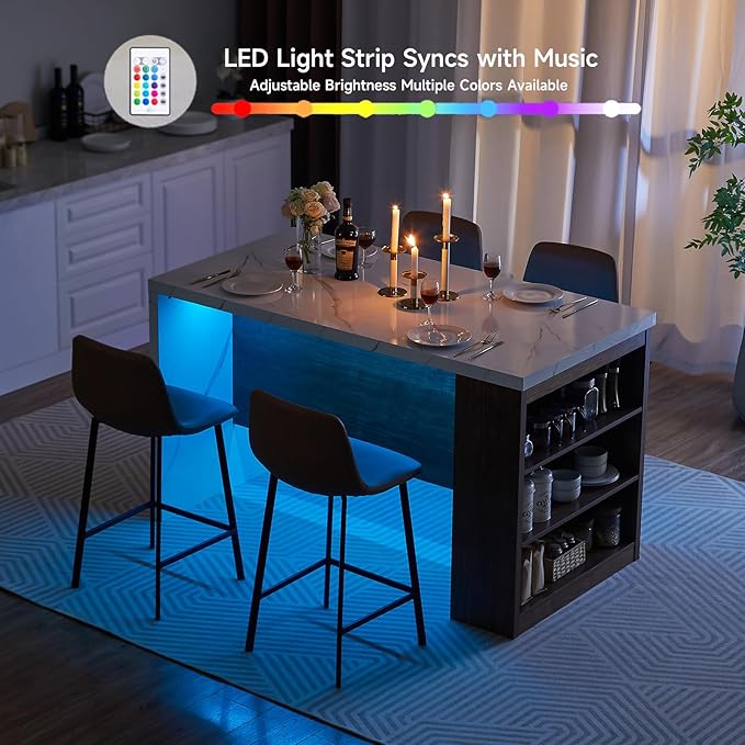 ONBRILL 61 x 31 Inch Whole Board of Tabletop Kitchen Island Table with Storage Space, Power Outlet & LED Lights, Modern Imitation Marble Large Counter Height Dining Table for 4 (White)
