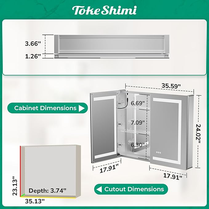TokeShimi 36x24 Lighted Medicine Cabinet Mirror with Outlet, 3 Colors Dimmable Led Medicine Cabinet with Lights, Wall-Mount or Recessed, Anti-Fog Mirror with Storage for Bathroom and Vanity