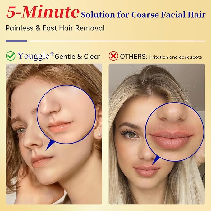 5分で完了する女性用顔脱毛クリーム、敏感肌に優しく痛みのない脱毛クリーム。顎、口周り、頬用鎮静クリーム付き - 2.03液量オンス