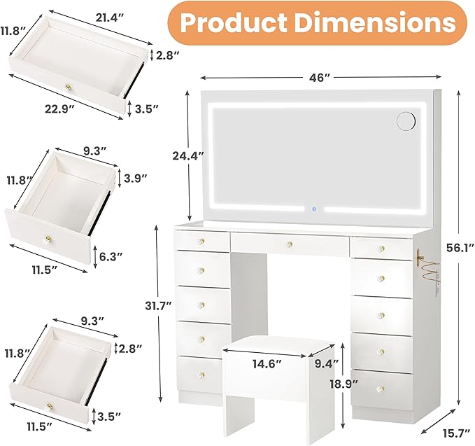 Pamapic Glass Top Vanity Desk with Crystal Handles, 11 Drawers Makeup Vanity with Mirror and Stool, 3 Lighting Modes Dressing Table, Power Outlet, Silent Slides, White