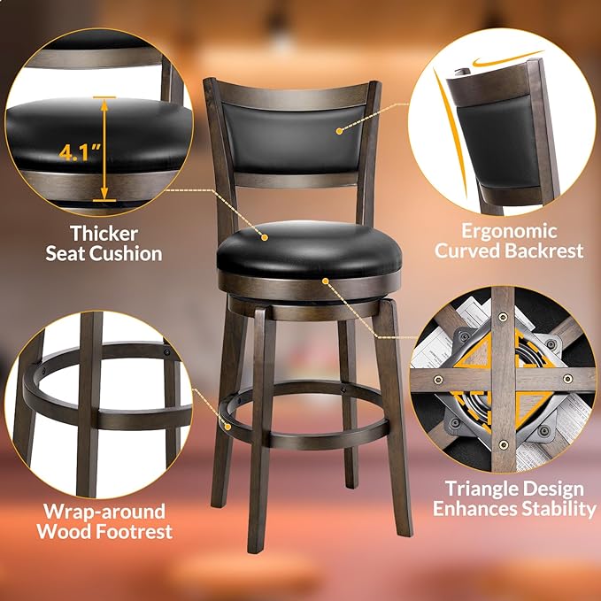 PrimeZone Swivel Bar Stools Set of 6, 24 Inch Counter Height Barstools, Black Faux Leather Bar Stool with High Backrest & Solid Wood Legs & Wrap-around Footrest, Counter Stools for Kitchen Island, Pub