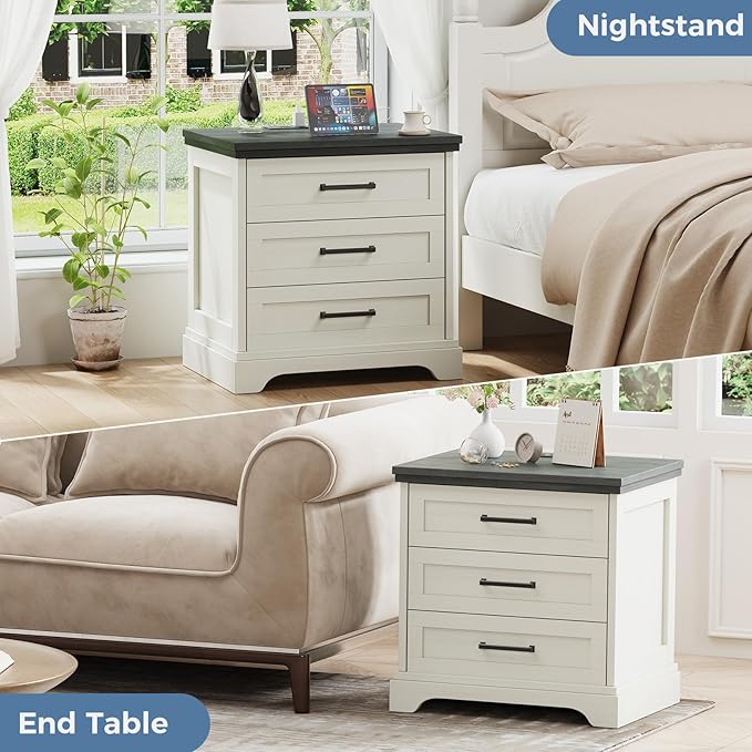 DUMOS Nightstand with Charging Station, Wood Farmhouse Bedside Table with 3 Drawers, End Table, Modern Side Table for Small Bedroom, Living Room, White