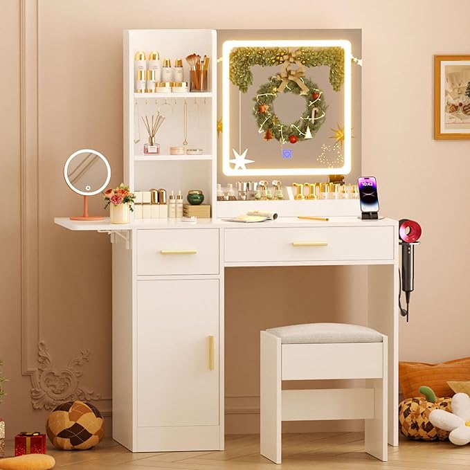 ERLEJIA Vanity Desk with Mirror and Lights & Extral Foldable Desk, 31.5" & 39.3" Makeup Vanity Table with 4 Drawers and 3 Open Shelves, Dressing Table for Bedroom, White