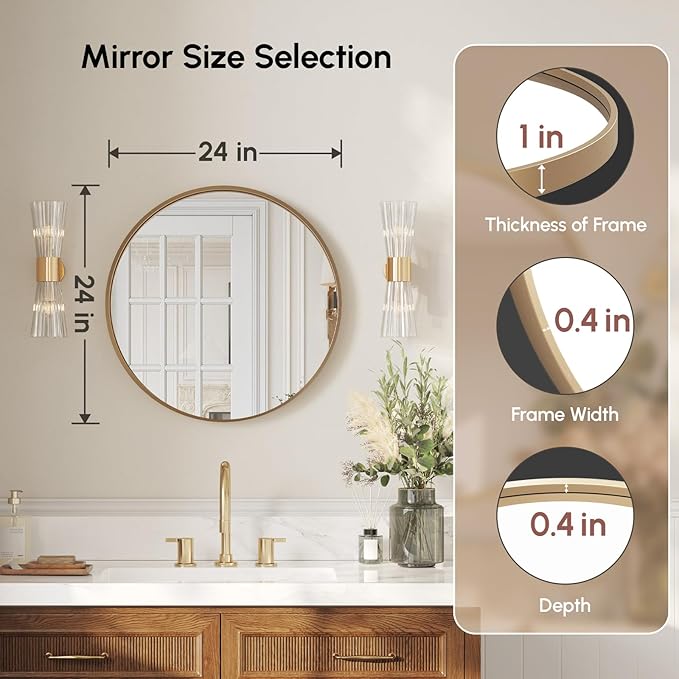 USHOWER Gold Bathroom Mirrors for Over Sink, 24 Inch Circle Mirror with Metal Frame, Wall Mirror for Vanity, Entryway, Living Room, Hallway and Bedroom Decor