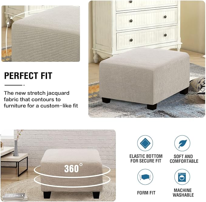 H.VERSAILTEX Square Ottoman Covers Ottoman Slipcovers Folding Storage Stool Furniture Protector Form Fit with Elastic Bottom, Stretch High Spandex Small Checks Jacquard Fabric(Large,Island Fossi)
