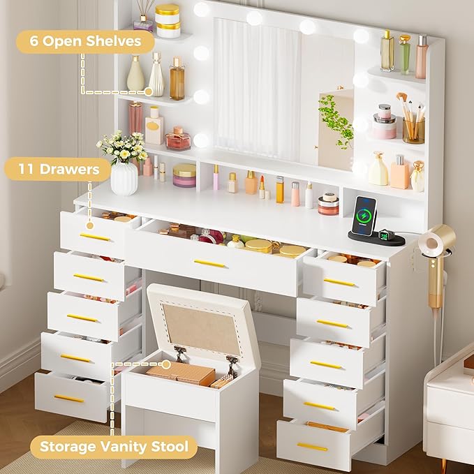 BEWISHOME Vanity Desk with Mirror and Lights,Makeup Vanity Table with Power Outlet,3 Color Modes,White Vanity Set with 11 Drawers,6 Open Shelves and Storage Stool,Dressing Table for Bedroom FST50W