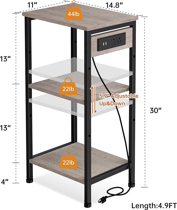 Asgolion Tall End Table with Charging Station, 3 Tier Narrow Beside Table with Adjustable Shelf, Tall Side Table Nightstand for Bedroom, Living Room Coffe Table, Office, Greige