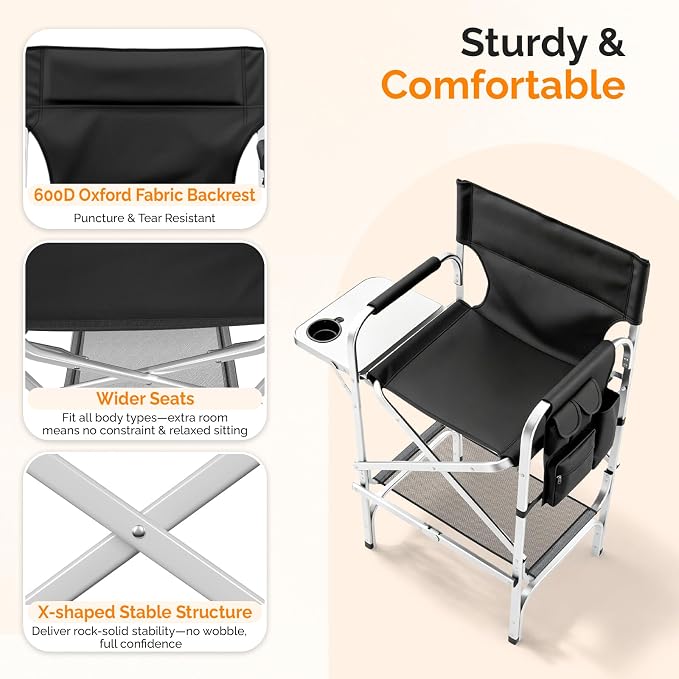 VINGLI 31" Tall Director's Chair for Makeup Artist, Aluminum Portable Makeup Chair with Retractable Side Table & Footrest,Supports 300 lbs, Foldable Makeup Chair for Studio, Silver & Black