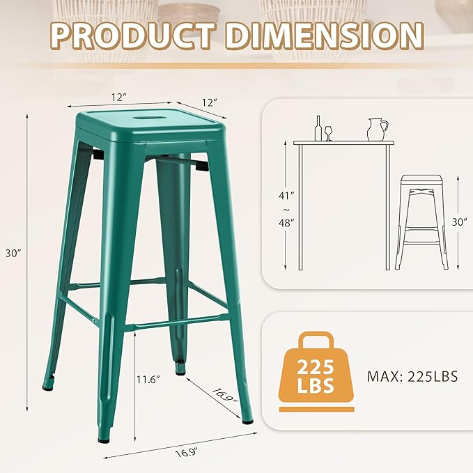 Furmax 30 Inch Metal Bar Stools Set of 4, Counter Height Stools, Industrial Bar Chairs Patio Stool Stackable Stool for Kitchen/Dining Room/Indoor Outdoor(Green, 30'' Backless)