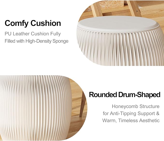 11 Inch Drum-shaped Collapsible Accordion Folding Stool, 660lbs Weight Capacity Kraft Paper Ottoman Seat with Cushion, Portable Space-Saving Foot Rest Stool for Home, Dorm & Office (11 Inch, White)