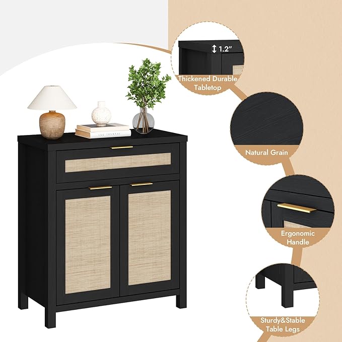 HOKYHOKY Rattan Sideboard Buffet Cabinet Set of 2, Boho Storage Cabinet with Adjustable Shelves, Farmhouse Credenza Coffee Bar Table with Doors & Drawer for Living Room, Hallway & Kitchen, Black