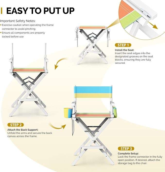 OmySalon 26" H Tall Directors Chair, Wooden Portable Folding Makeup Chair w/Storage Pouch & Footrest, Professional for Salon/Events/Mobile Services, 250lb Capacity, Colorful Canvas & White Frame