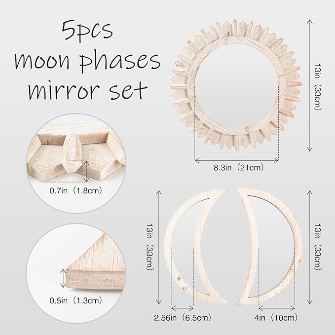 WAKOSAN Wall Mirror, Moon Phase Mirror Set, Wall Decor for Bedroom, Bohemian 5PCS Wooden and Real Glass Mirror with Crystal Clear Reflection, Boho Decor, Multi-Angle Installation (White)